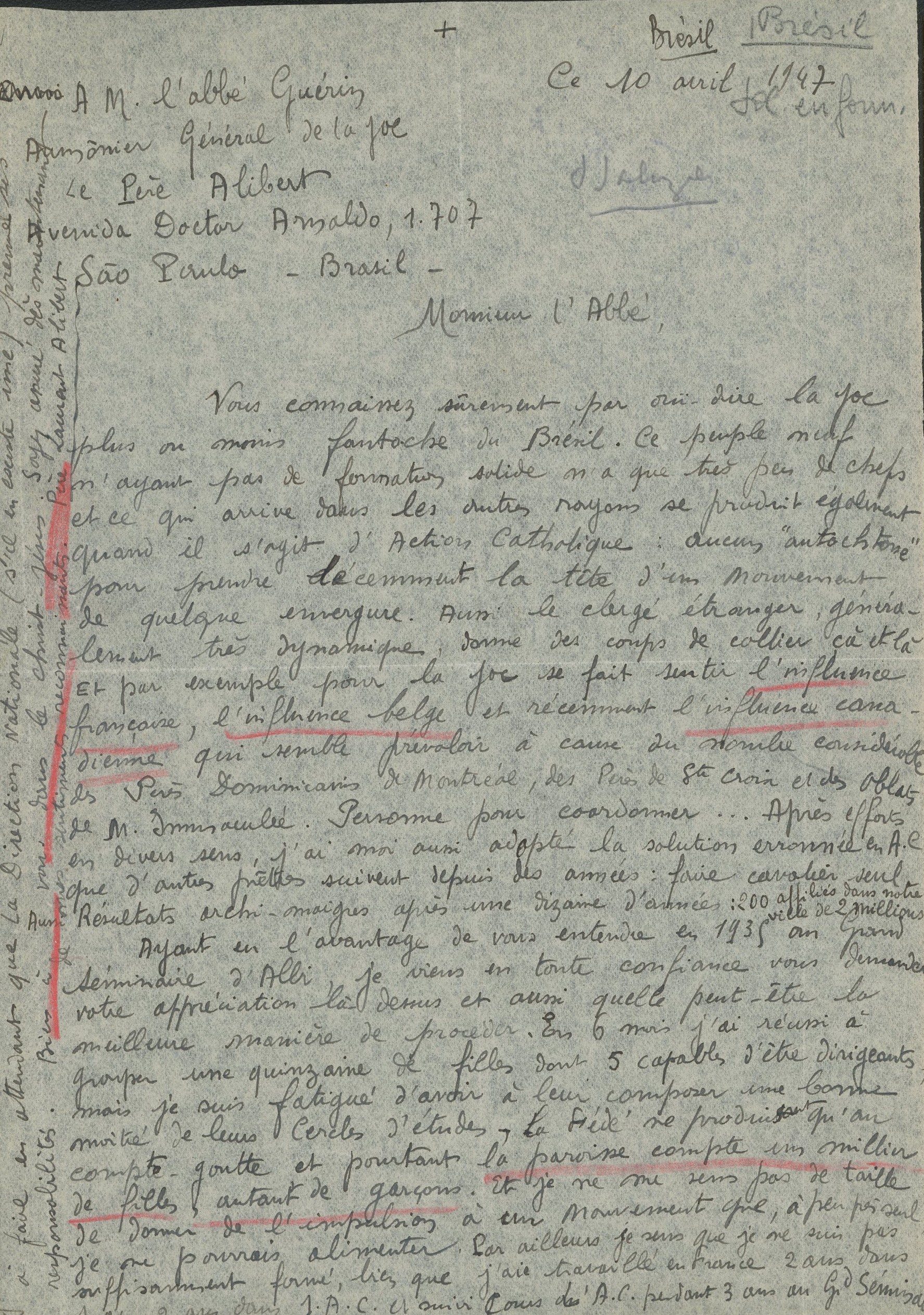 Father Alibert’s emotional letter to abbé Guérin, the International Chaplain of the IYCW